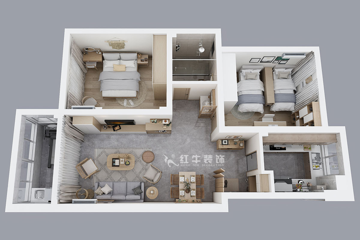 张桐玮｜仙龙湾山庄22-404-89㎡-日式原木简约风格｜2室1厅1卫｜旧房改造｜半包￥67100｜半包7万｜00_04鸟瞰图